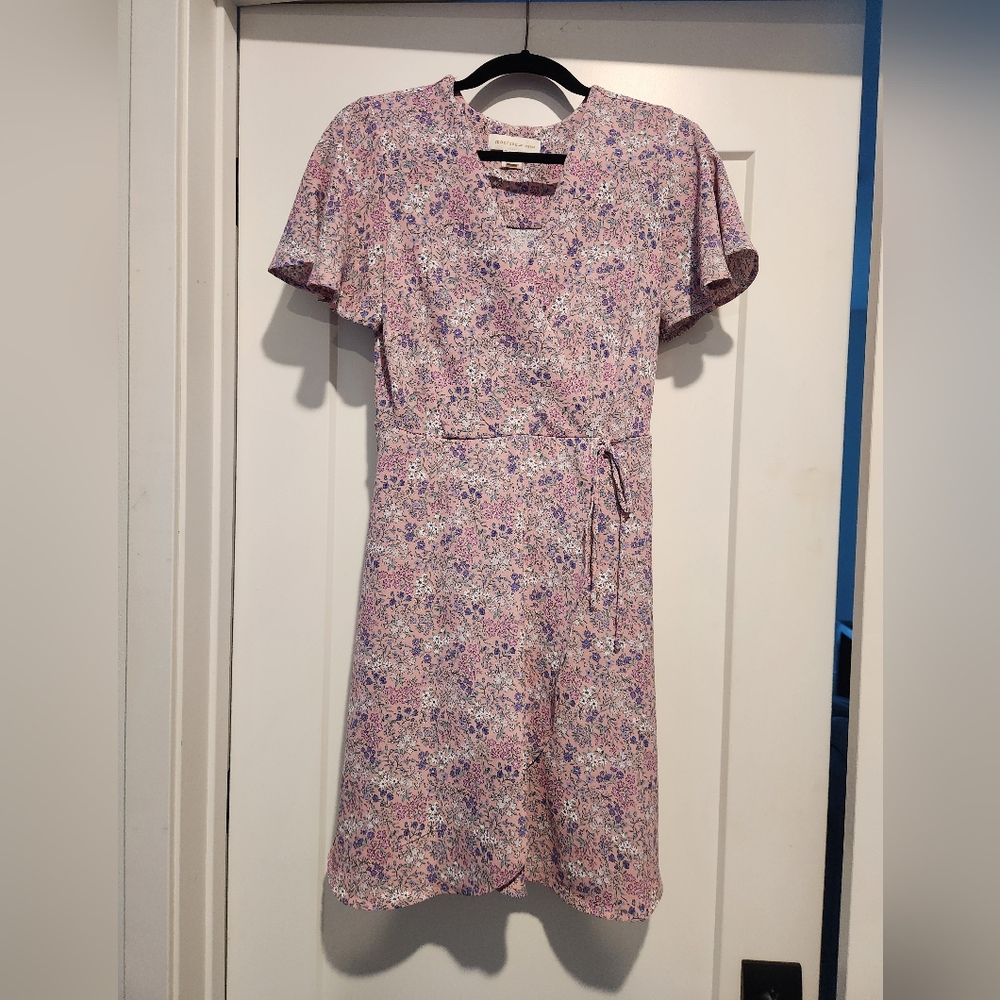 Monteau dress, mini faux wrap, pink with flowers, size Medium